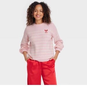 🍁a new day: Pink and Cream Striped Sweater with Bow Detail medium